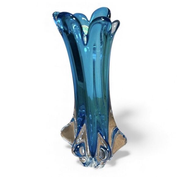 Vintage Murano Style Art Glass Vase Peacock Blue Sommerso Flared Rim Italy Label - Picture 2 of 10